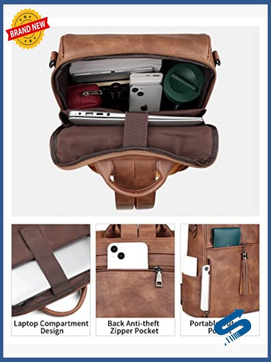 Leather Laptop Backpack 15.6 Inch Women Travel Work Bag main image 5